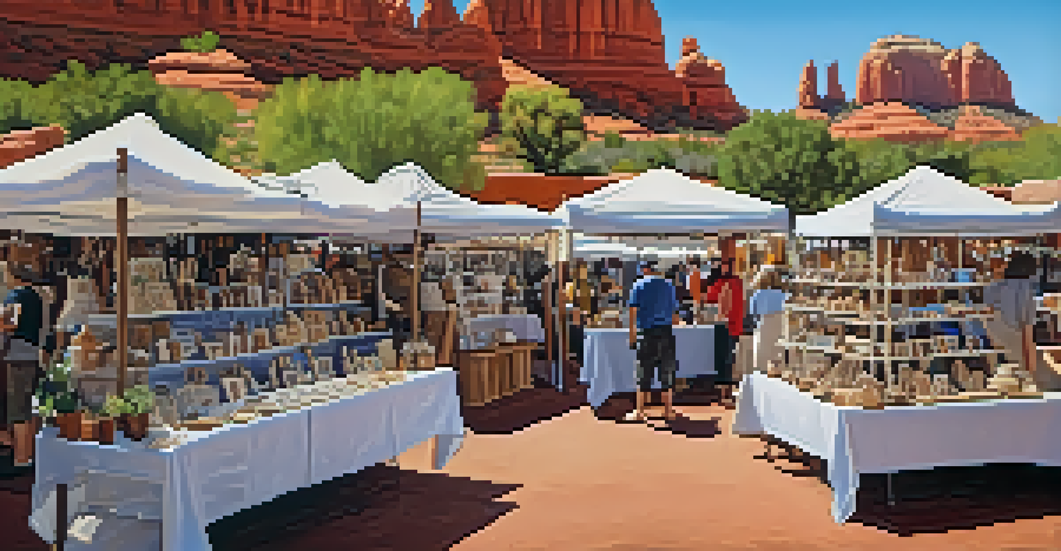 A booth showcasing handcrafted pottery and jewelry at Sedona's Farmers Market, with a local artisan interacting with visitors and red rock formations in the background.