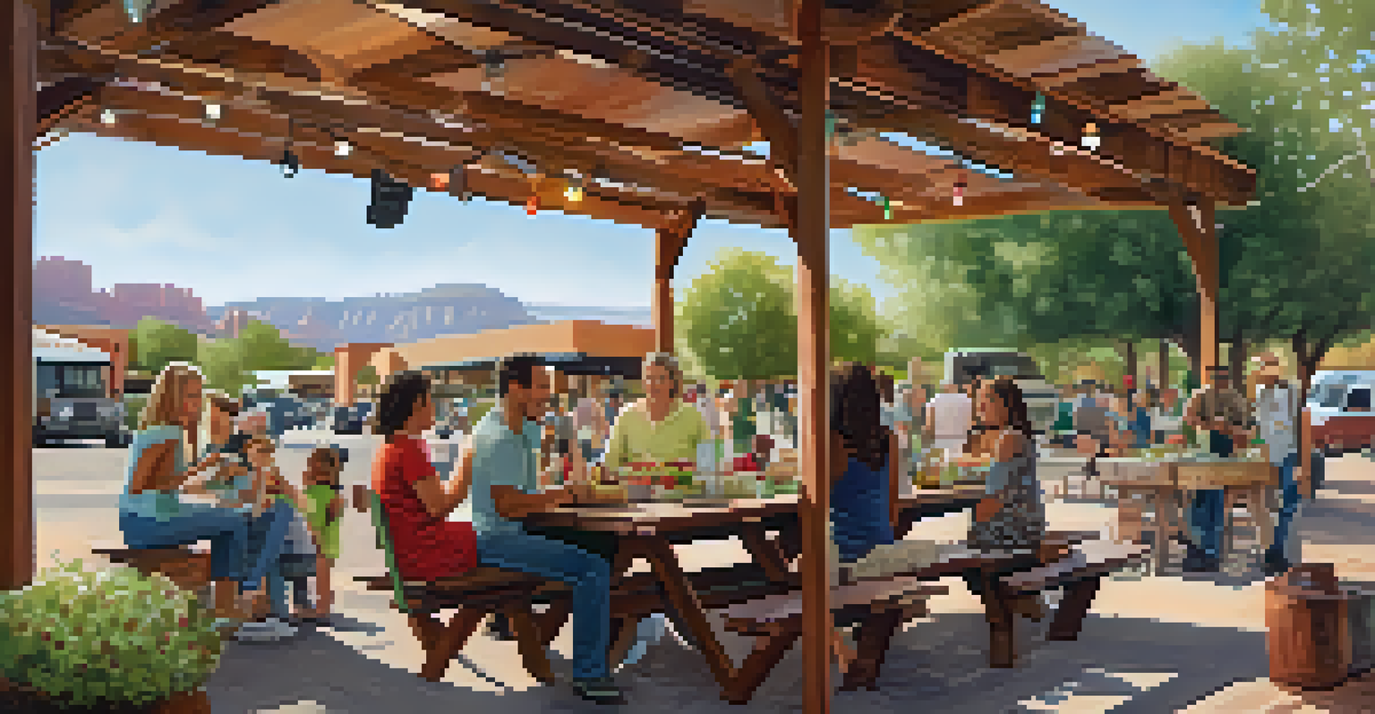 A family dining at a picnic table at Sedona's Farmers Market, surrounded by food trucks, with children laughing and live music in the background.