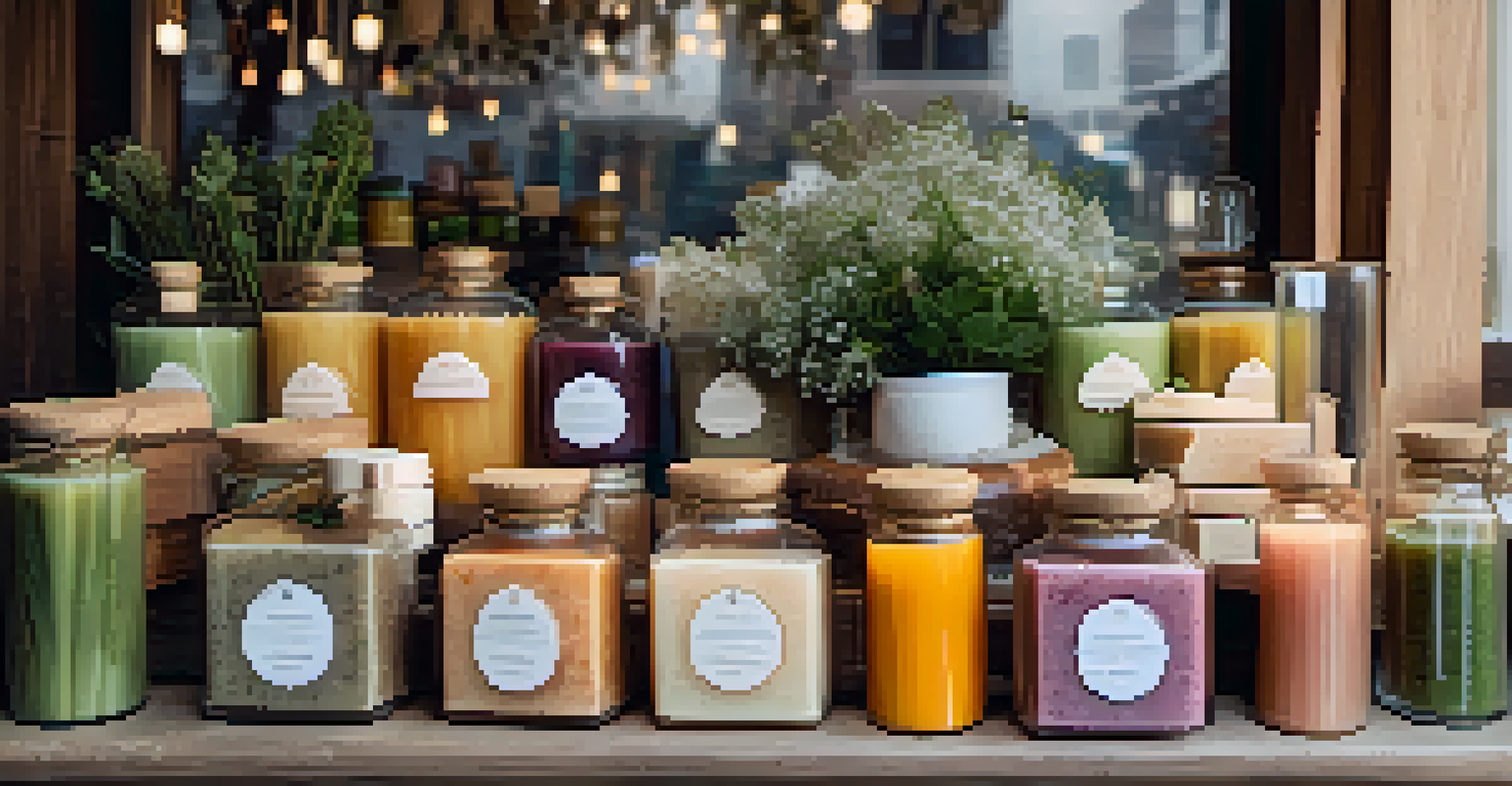 A vendor's stall with colorful handmade soaps and candles, surrounded by herbs and flowers, illuminated by soft natural light.