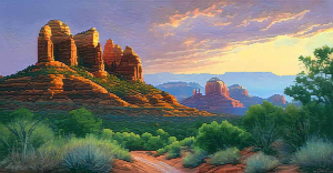 A sunset view of Sedona's iconic red rock formations with vibrant colors in the sky and a hiking trail in the foreground.