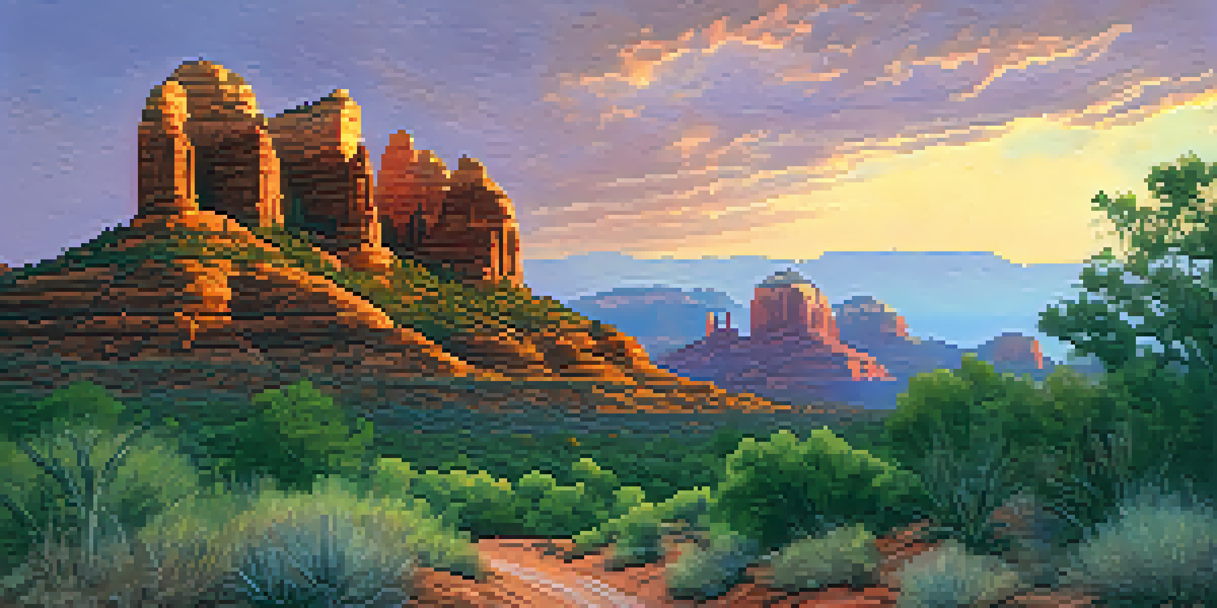 A sunset view of Sedona's iconic red rock formations with vibrant colors in the sky and a hiking trail in the foreground.