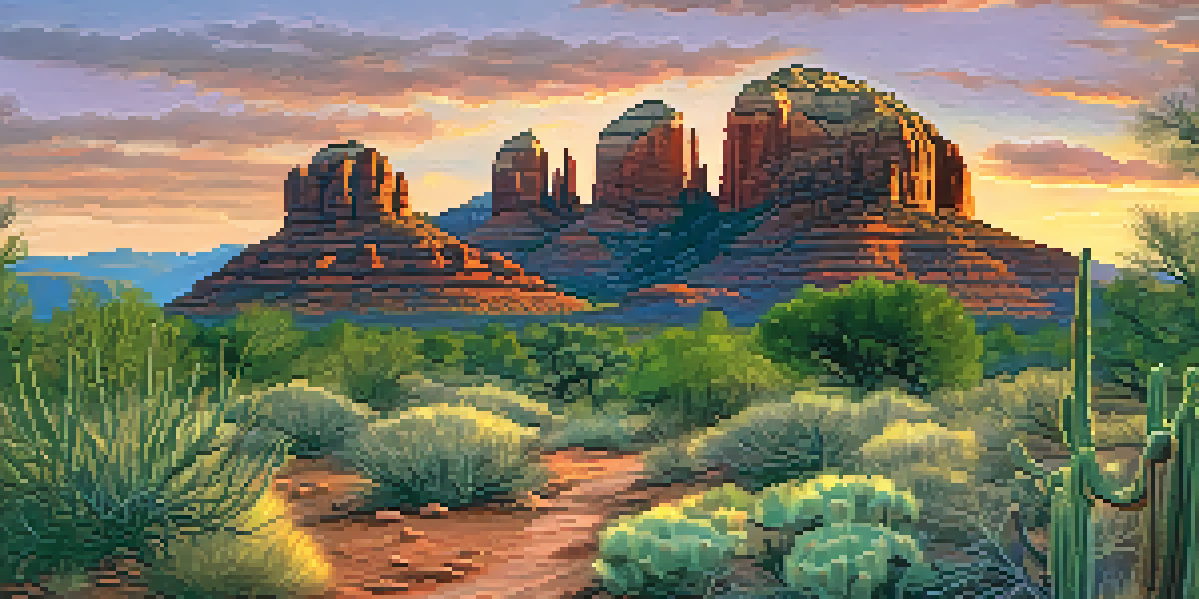 A picturesque sunset scene featuring red rock formations in Sedona, with warm colors lighting up the sky and a dirt trail leading through the landscape.