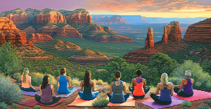 A panoramic view of Sedona's red rock formations with a sunset, featuring a diverse group practicing yoga on a rocky outcrop.