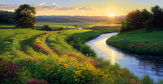 A winding river in a green landscape with wildflowers and a golden sunset.