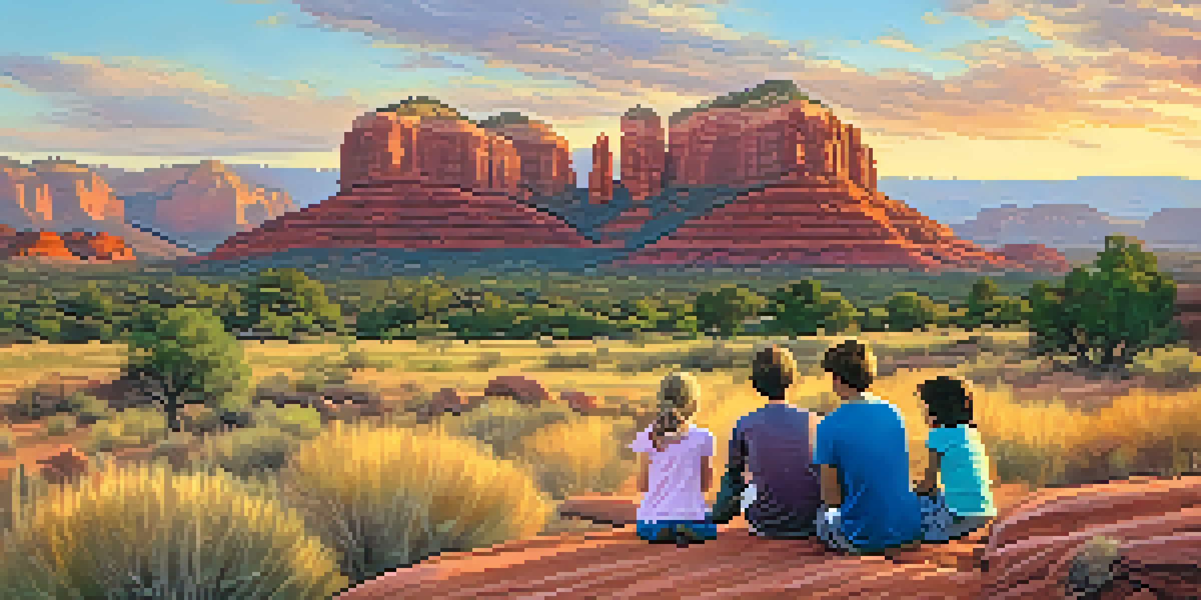 A family enjoying a sunset picnic at Airport Mesa, surrounded by vibrant red rock formations in Sedona, Arizona.