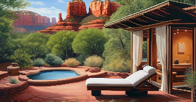 An outdoor spa with a massage table surrounded by trees and red rock formations in Sedona, Arizona, illuminated by soft lighting.