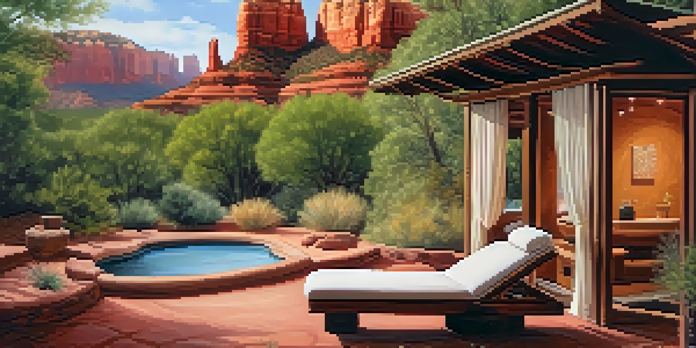 An outdoor spa with a massage table surrounded by trees and red rock formations in Sedona, Arizona, illuminated by soft lighting.