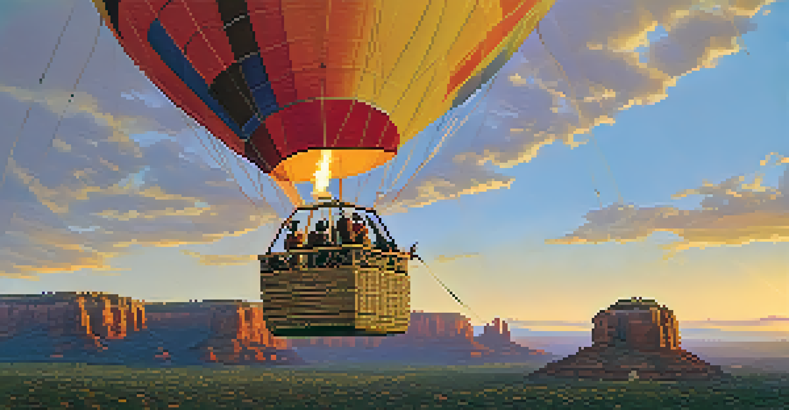 A close-up of a colorful hot air balloon being inflated at dawn, with crew members preparing in the backdrop of Sedona's landscape.
