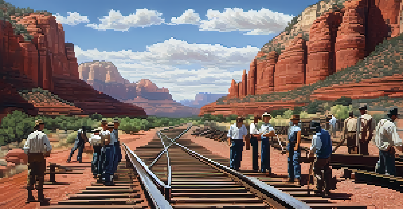 Historical image of workers constructing railroad tracks in Sedona's red rock landscape.