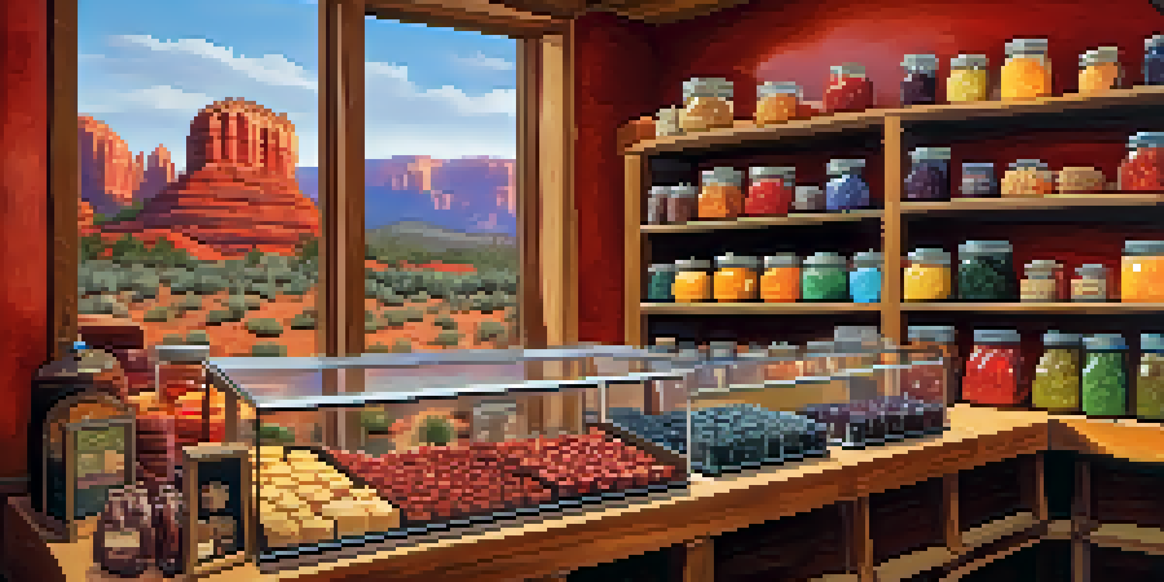 An artisan food shop filled with handcrafted chocolates, gourmet cheeses, and colorful jars of local jams, with warm lighting and red rock formations outside.