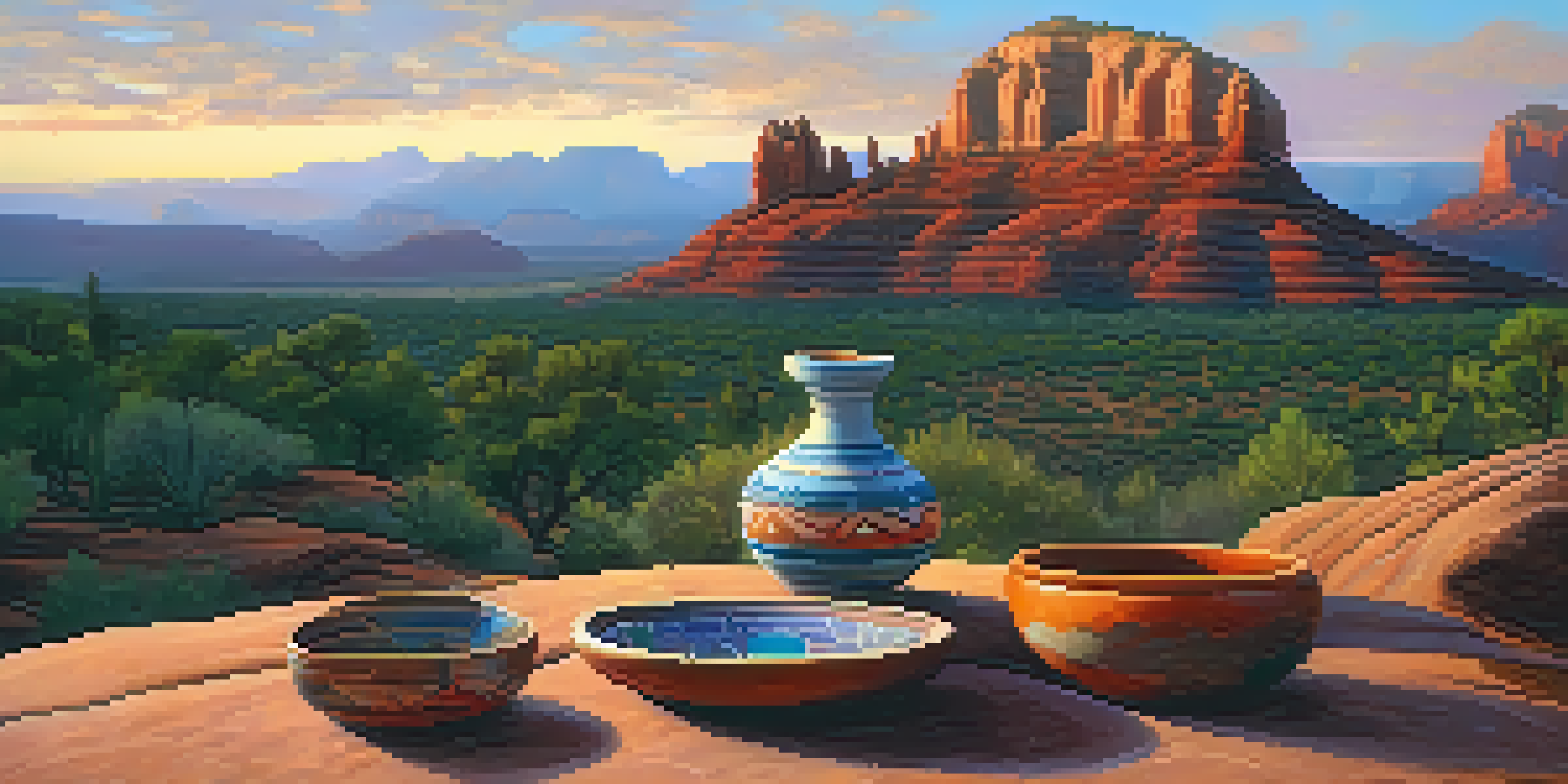 A scenic view of Sedona's red rocks at sunrise, featuring Native American pottery in the foreground.