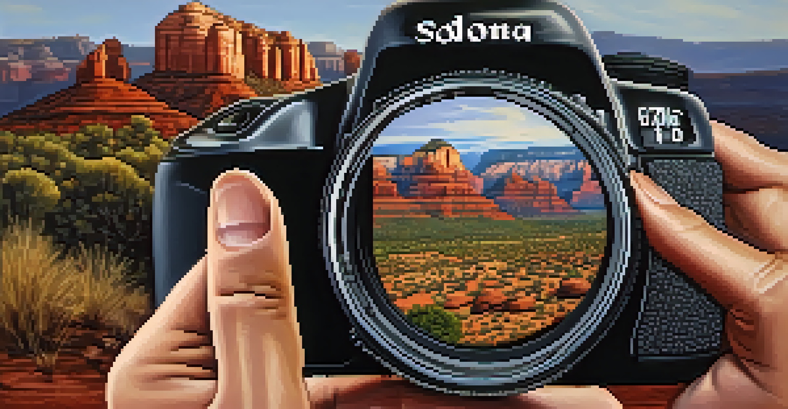 A close-up of a photographer's hand adjusting a camera with Sedona's landscape in the background, illuminated by soft natural light.
