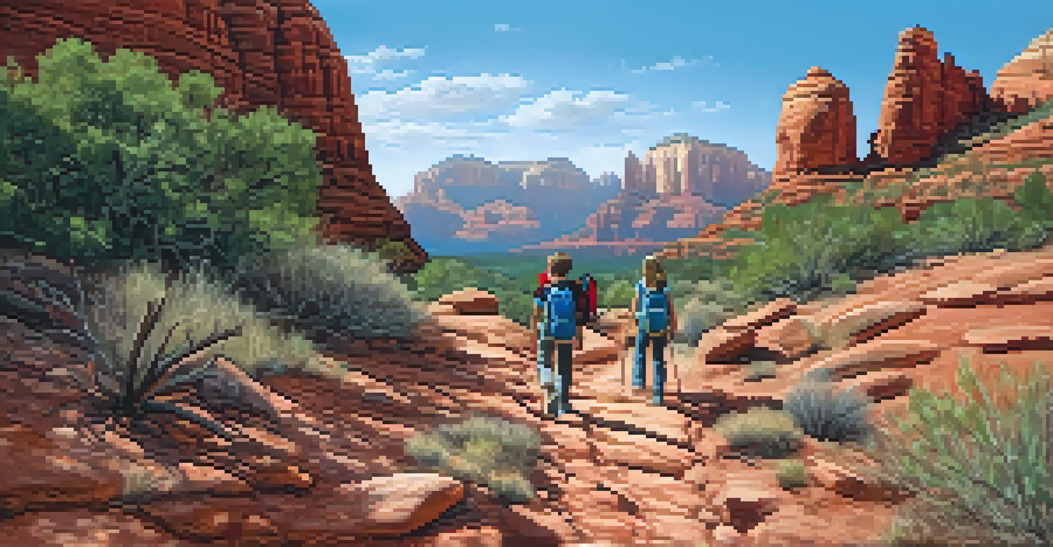 Children hiking on a rocky trail in Sedona, demonstrating teamwork with red rock formations in the background.