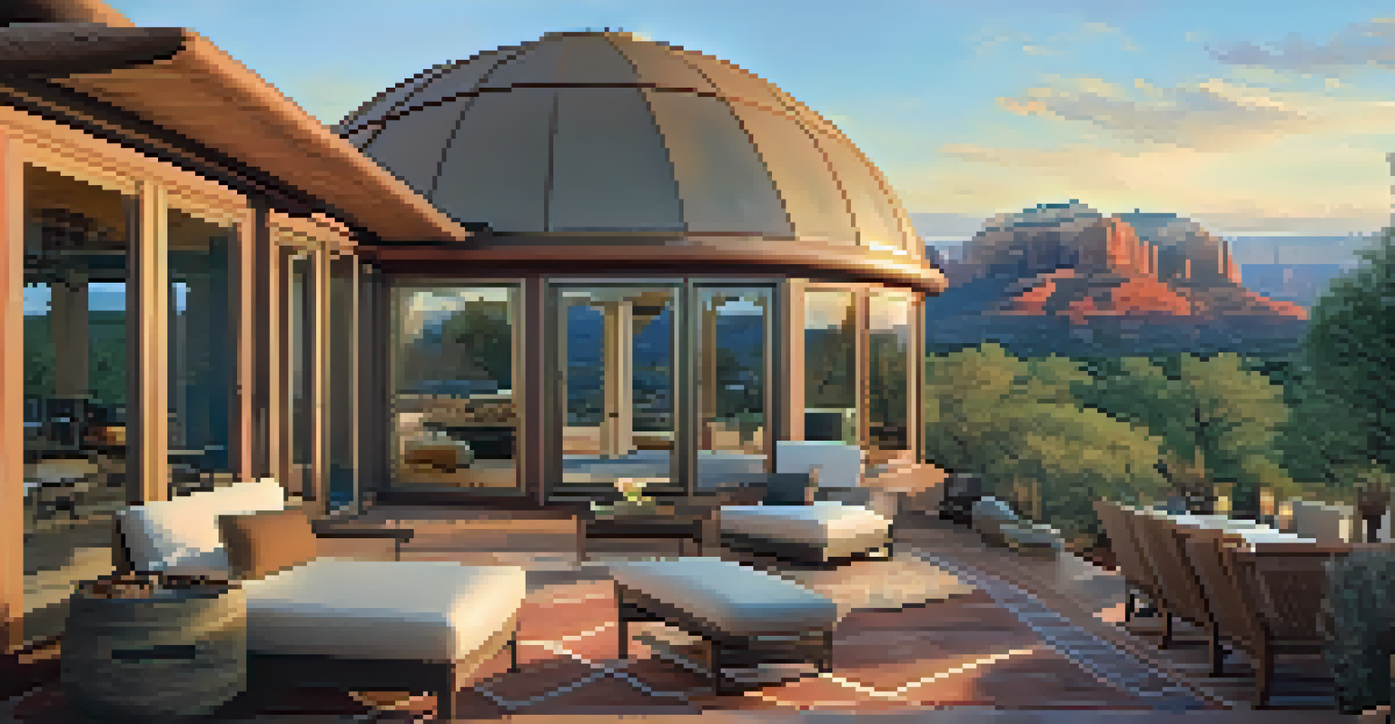 A modern dome in the Sedona desert with panoramic views, featuring large windows and elegant furnishings, alongside a deck for sunset views.