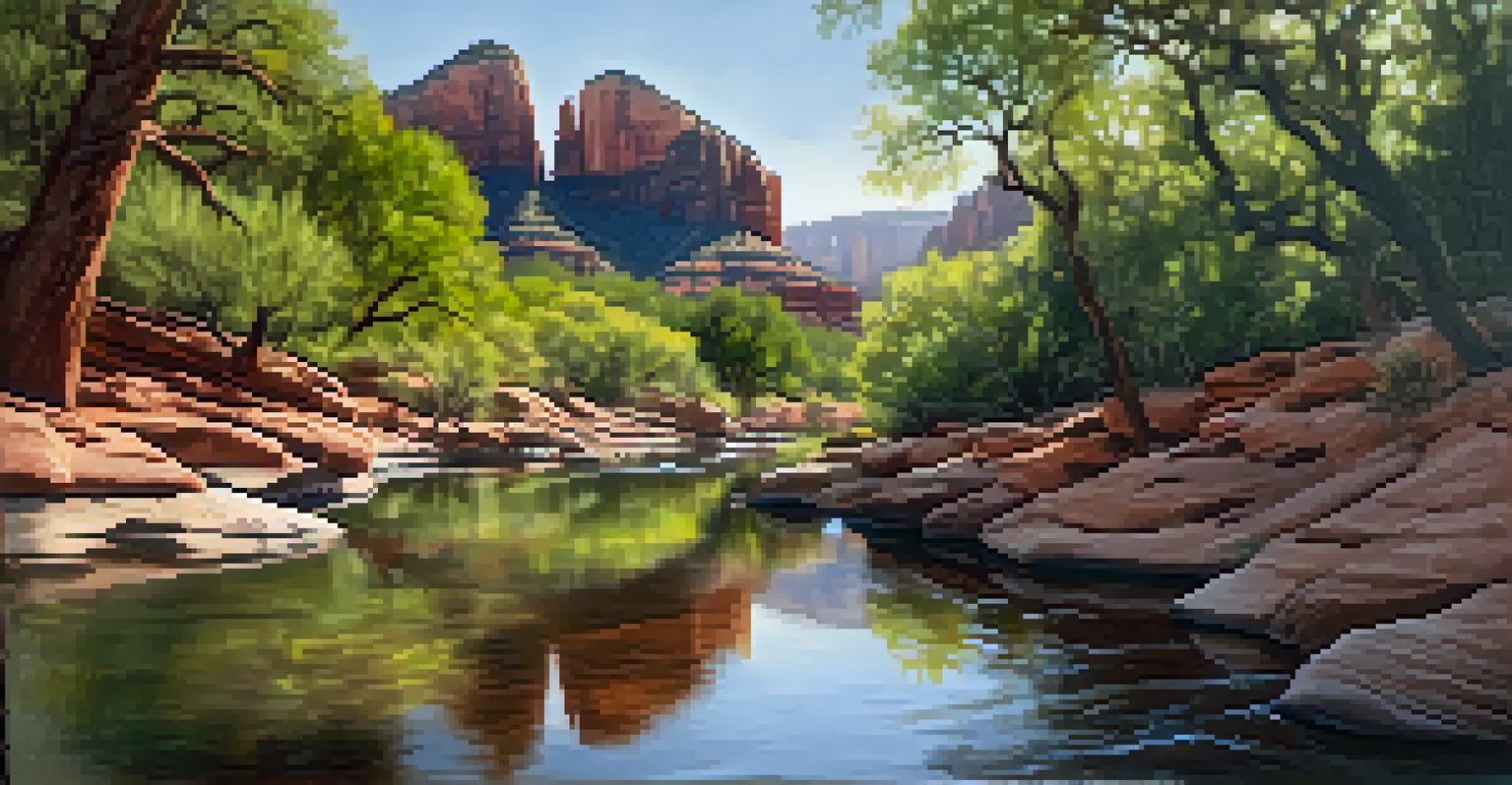 A scenic view of Oak Creek Canyon with birds soaring above and sunlight filtering through trees.