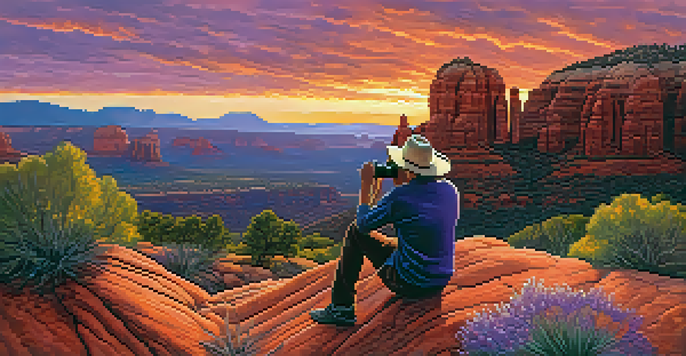 A silhouette of a photographer capturing a sunset over Sedona's red rock formations, with vibrant orange and purple colors in the sky and wildflowers in the foreground.