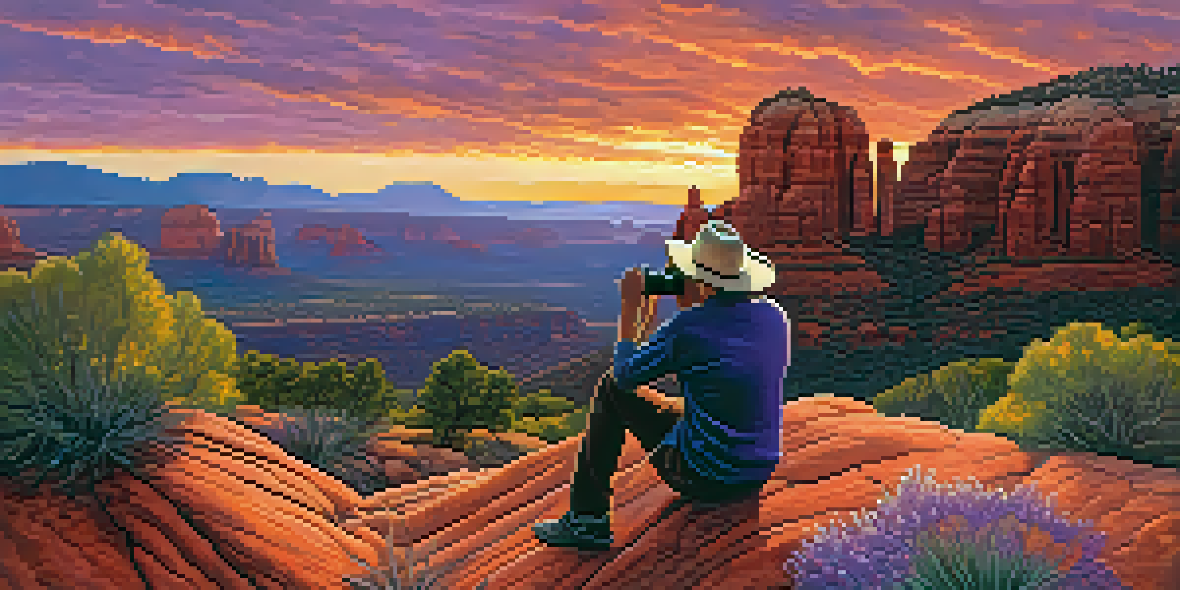 A silhouette of a photographer capturing a sunset over Sedona's red rock formations, with vibrant orange and purple colors in the sky and wildflowers in the foreground.