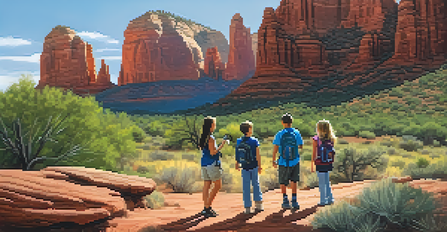 A family participating in a guided nature tour in Sedona, with a guide pointing out wildlife among the red rocks.