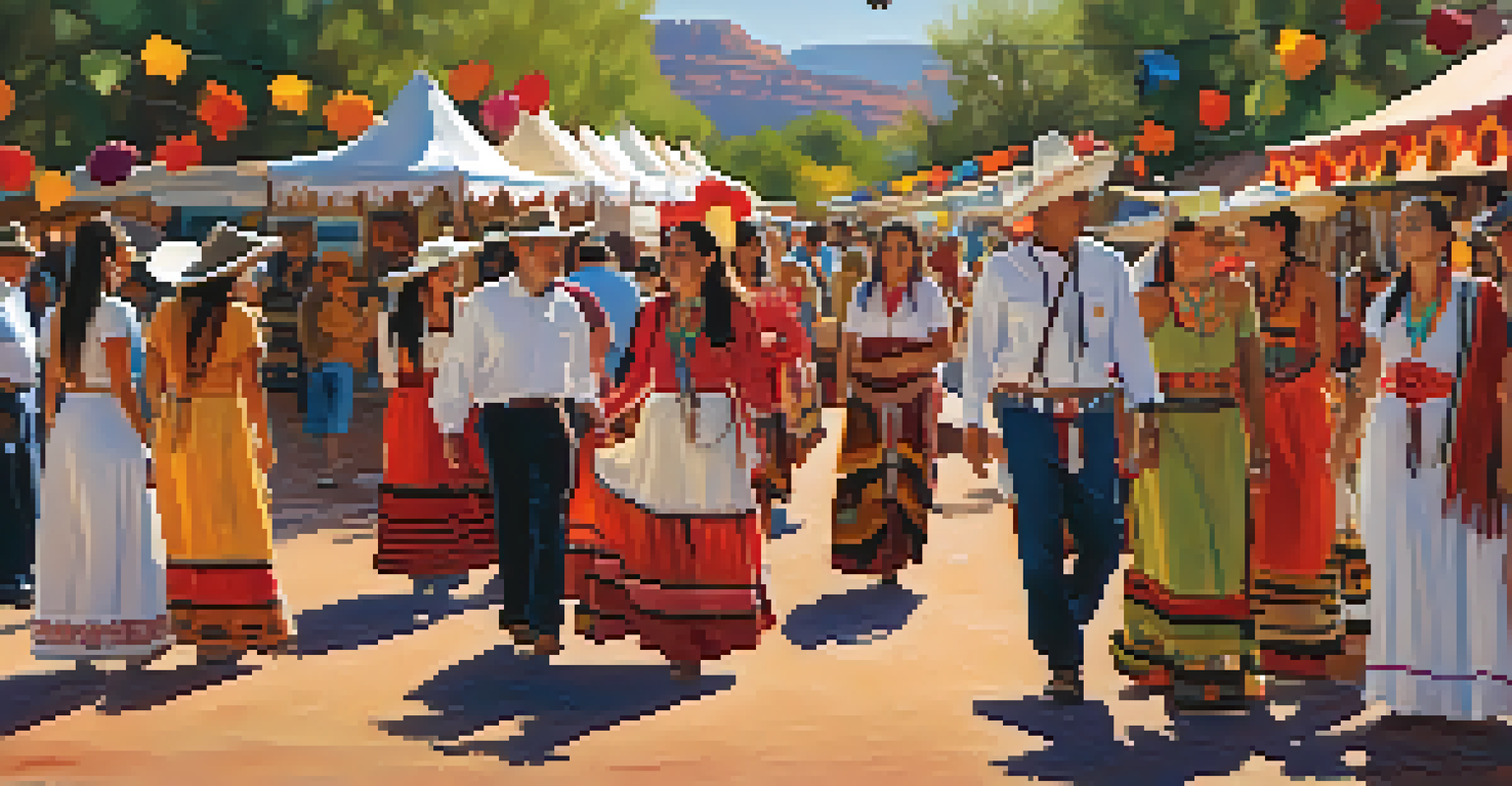 A cultural festival in Sedona with people in traditional attire, colorful decorations, and stalls of local crafts and food.