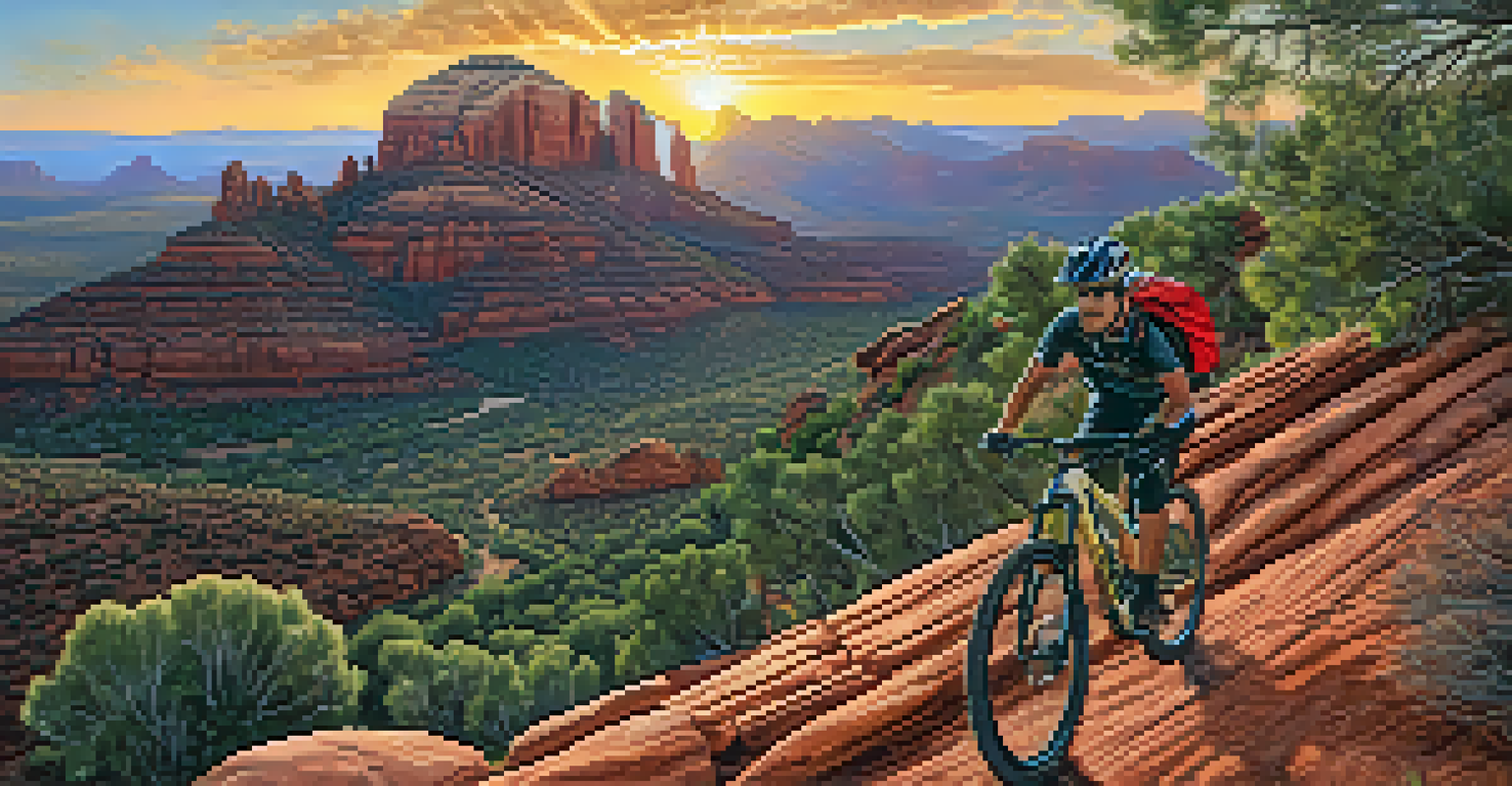 An intermediate mountain biker navigating rocky terrain on Cathedral Rock Trail with panoramic views of Sedona in the background.