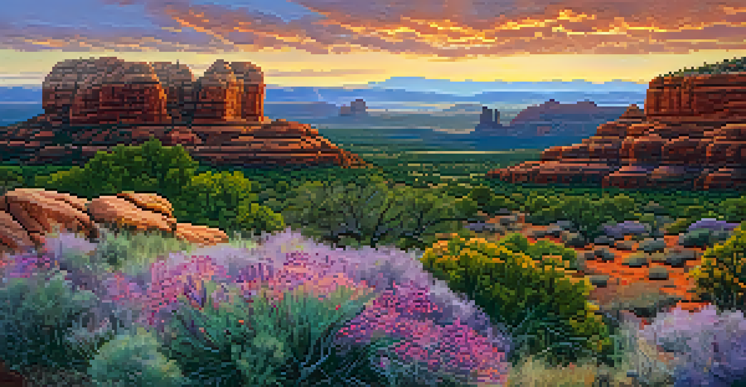 A beautiful sunset view from Airport Mesa showcasing Sedona's red rocks, with a soaring golden eagle and a winding hiking trail.