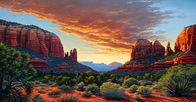 A stunning sunset over Sedona's Red Rocks, showcasing vibrant colors and desert plants in the foreground.