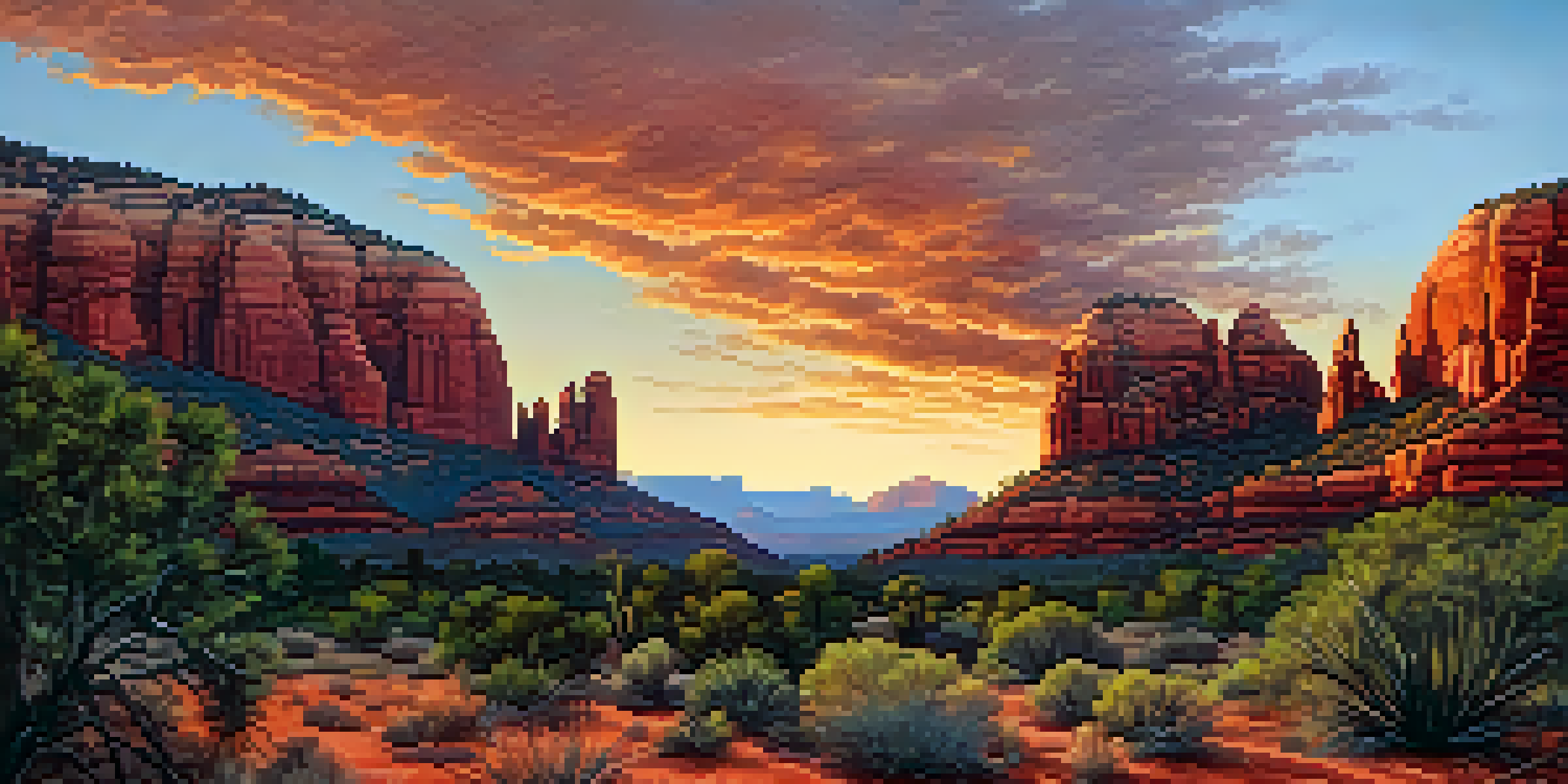 A stunning sunset over Sedona's Red Rocks, showcasing vibrant colors and desert plants in the foreground.