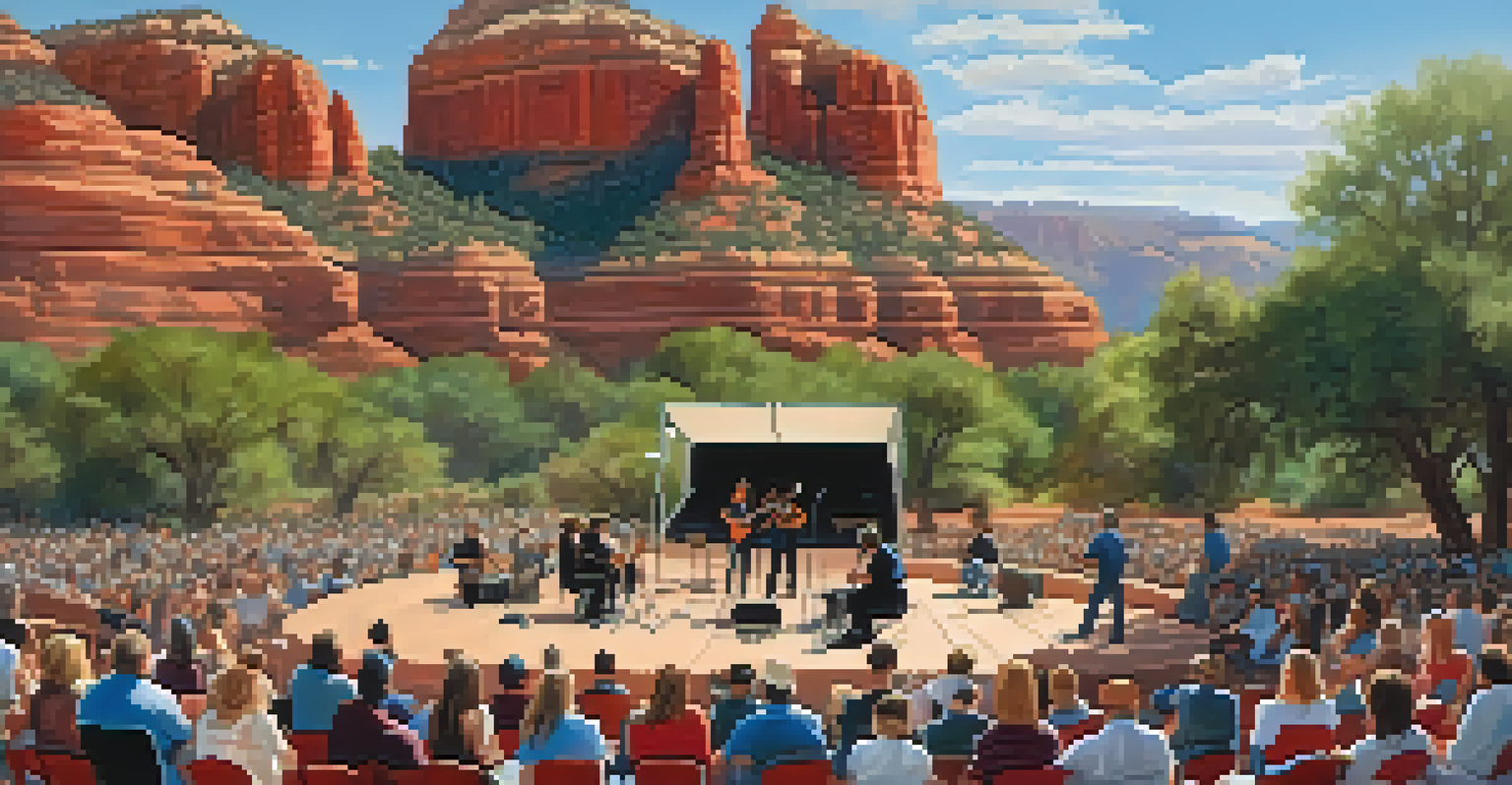 A scenic view of Sedona's red rock formations with a crowd gathered for an outdoor concert among nature.
