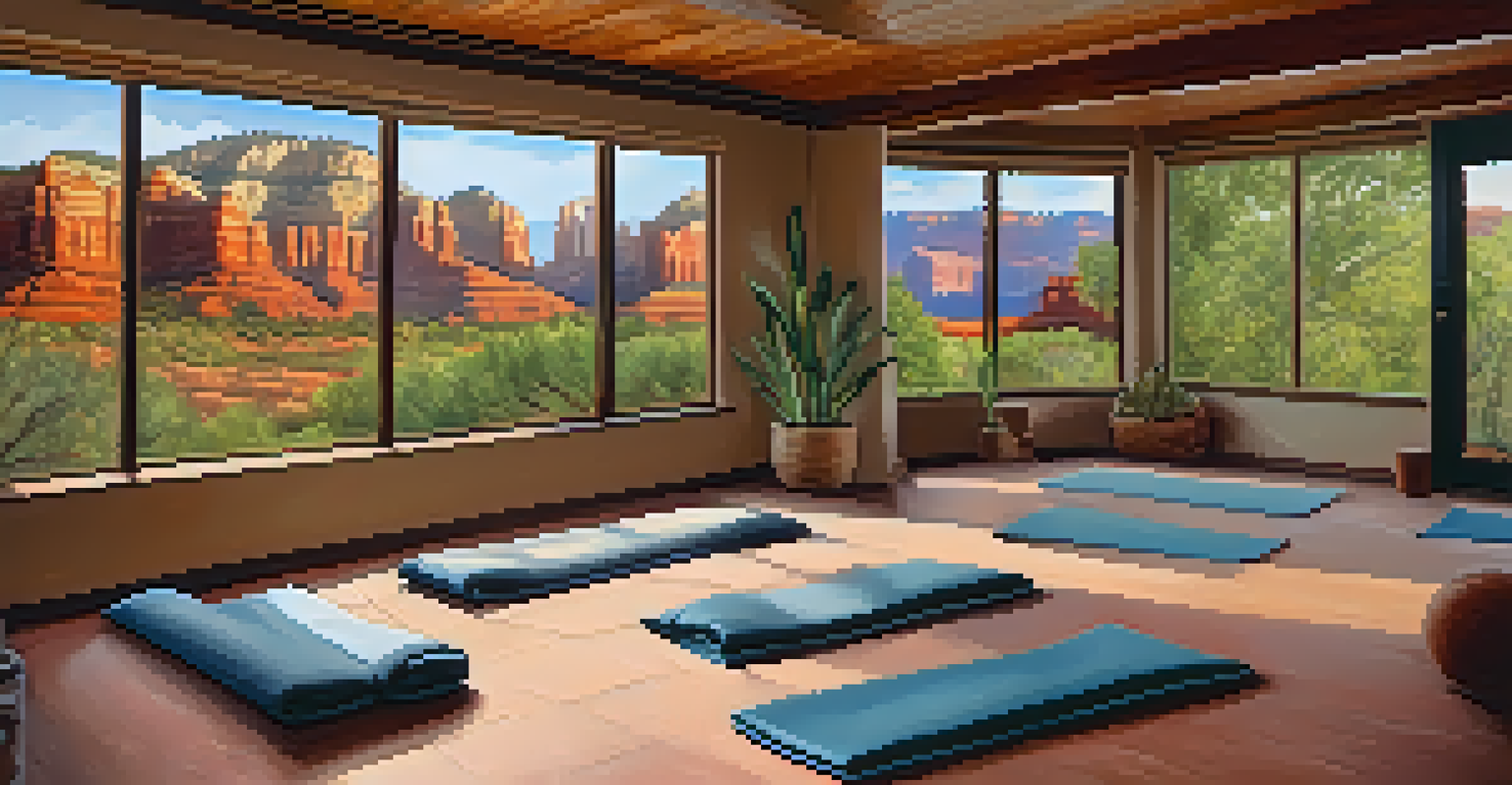 A cozy room for restorative yoga, filled with natural light and bolsters, overlooking Sedona's red rocks.