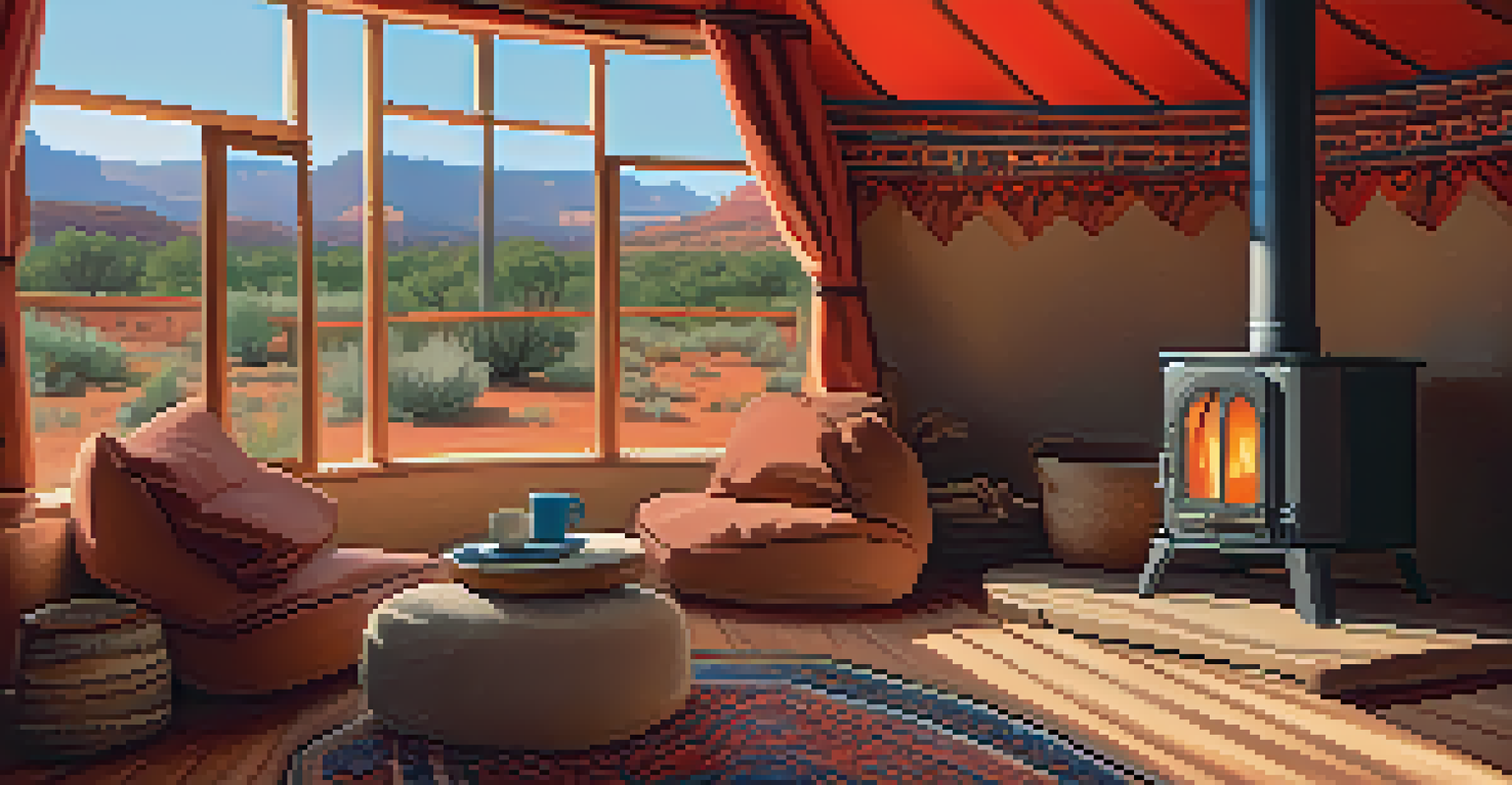The interior of a yurt with a wood-burning stove, comfortable seating, and views of Sedona's red rocks.