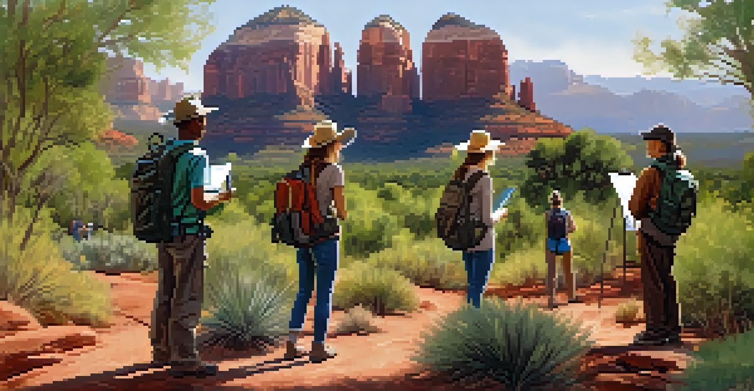 A diverse group of tourists on a guided hike in Sedona, learning about native plants from a guide under warm sunlight.