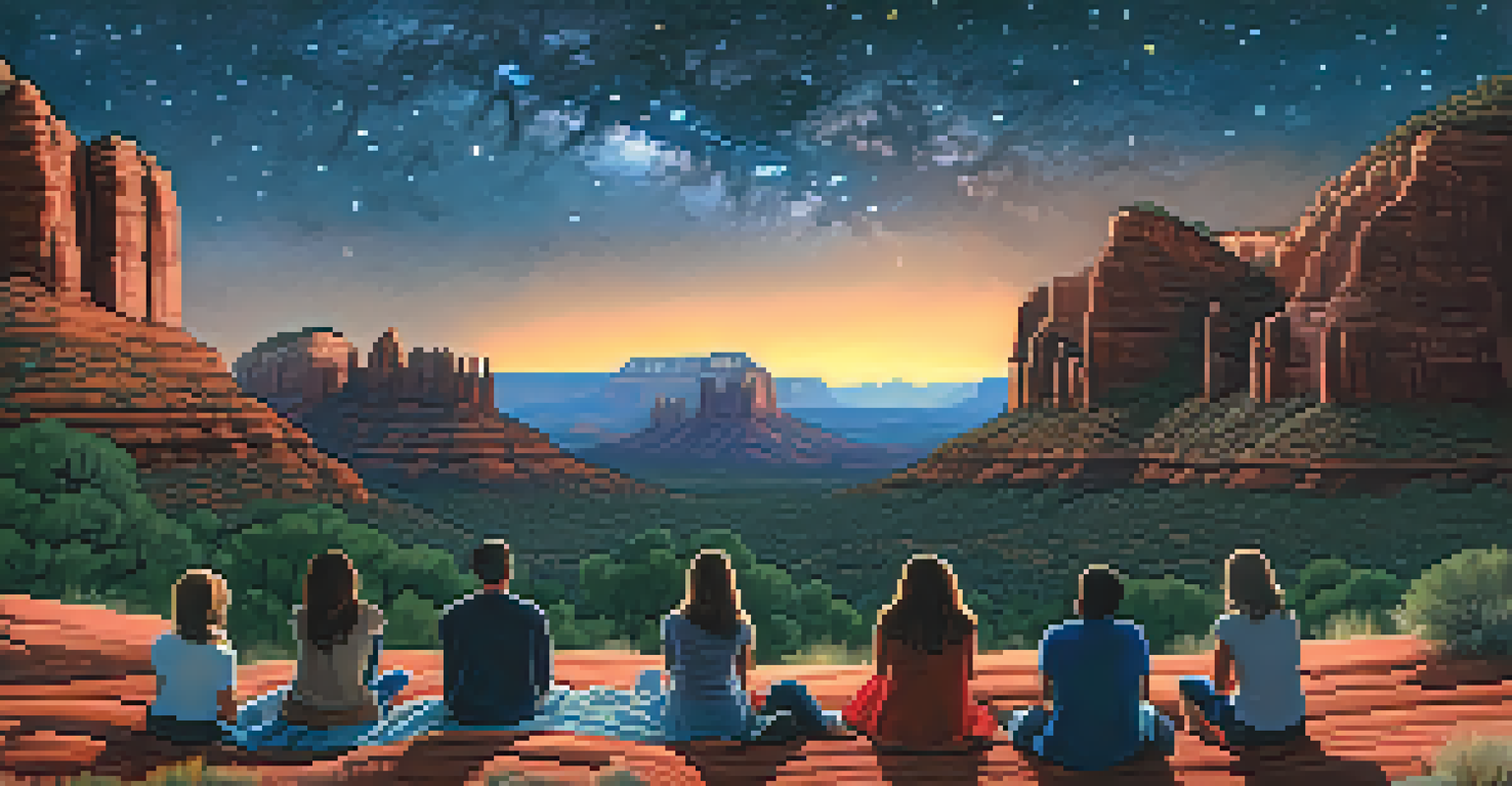 A group of people stargazing on blankets under a starry sky with the Milky Way and red rock formations in the background.