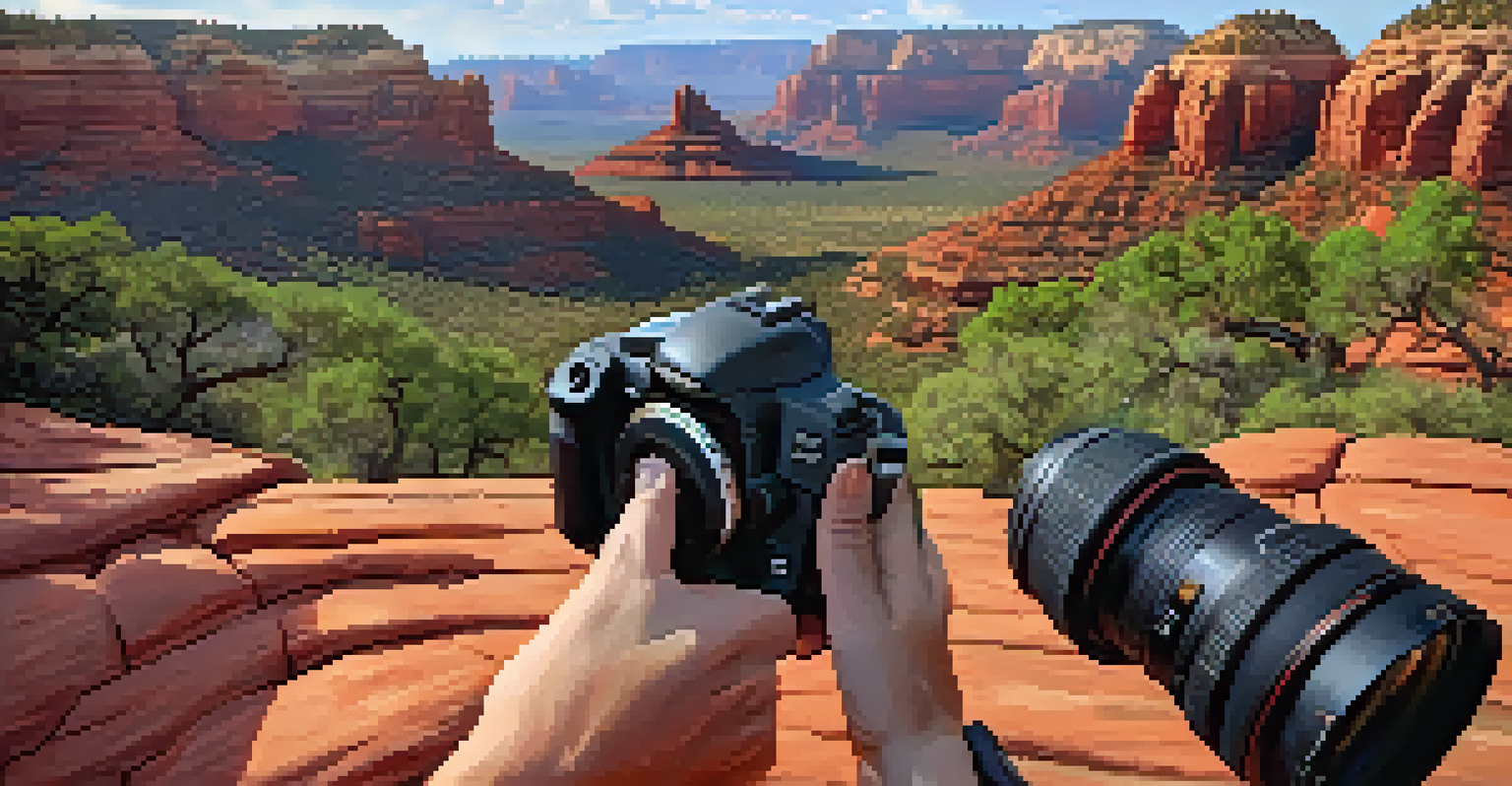 A close-up of a photographer adjusting camera settings with red rock formations in the background and photography gear in the foreground.