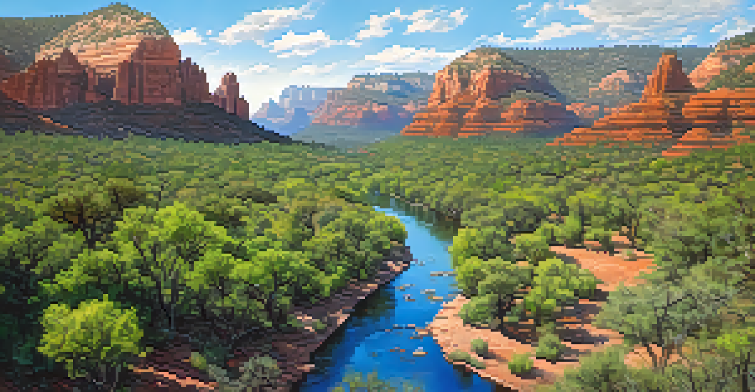 An aerial view of Oak Creek Canyon, showing lush vegetation and songbirds in a vibrant landscape.