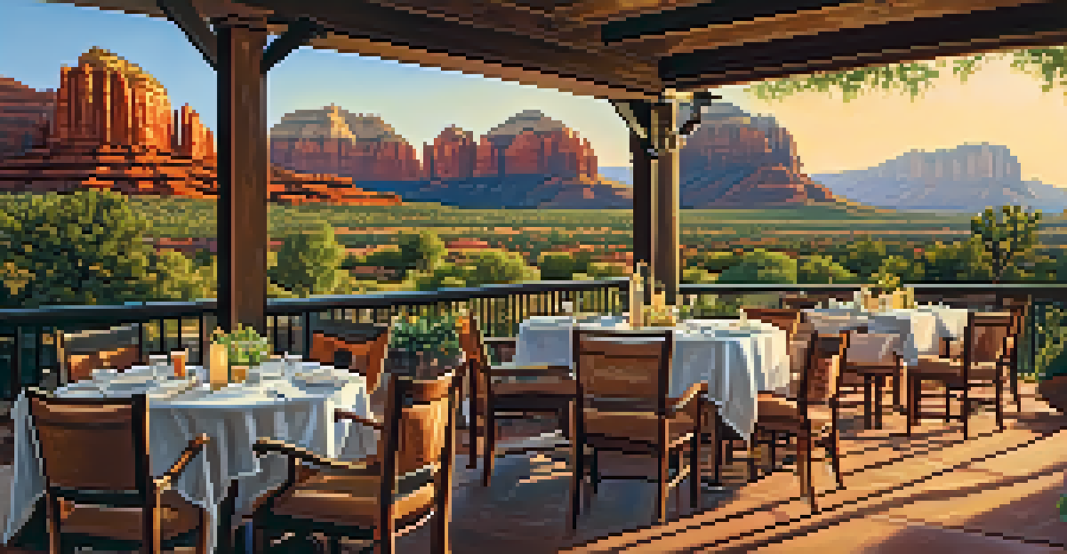 A riverside dining patio with a table set for a gourmet meal, overlooking Sedona's red rocks during sunset.
