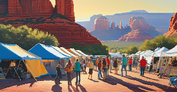 An outdoor art festival in Sedona with colorful tents and artists displaying their works against red rock formations during sunset.