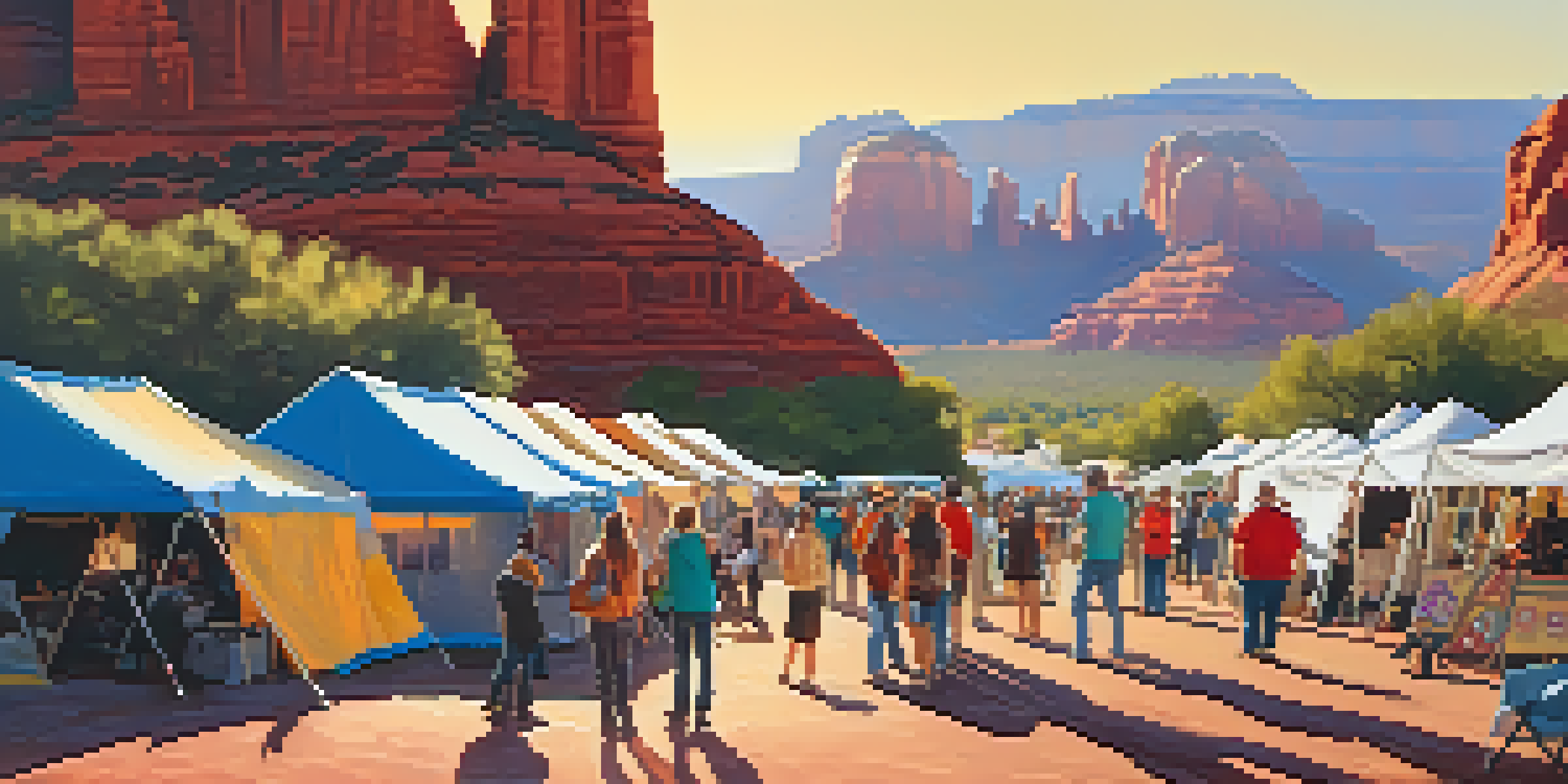 An outdoor art festival in Sedona with colorful tents and artists displaying their works against red rock formations during sunset.