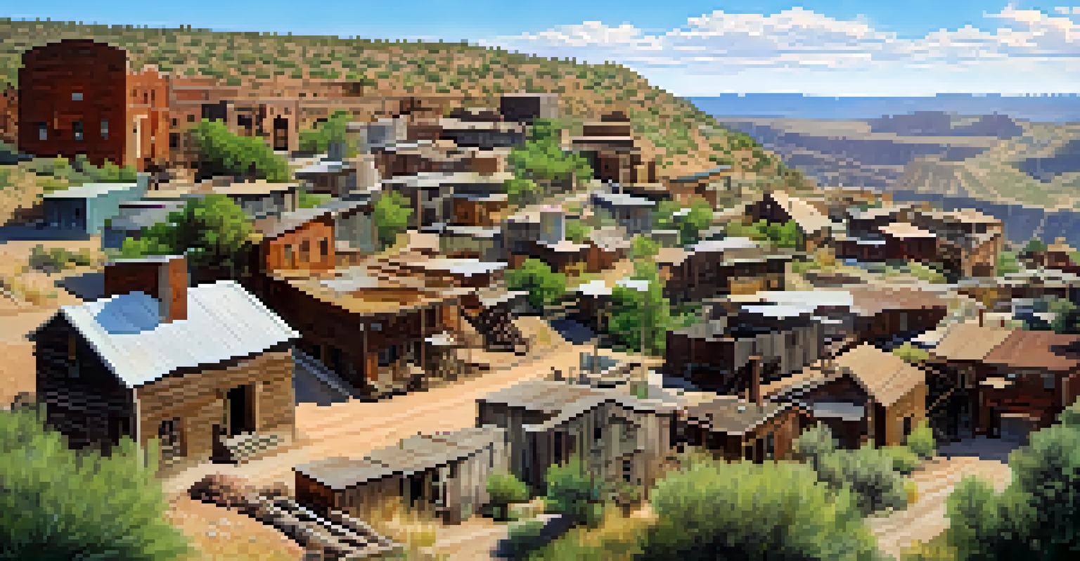 A bird's-eye view of the historic mining town of Jerome with rustic buildings against a backdrop of lush greenery.