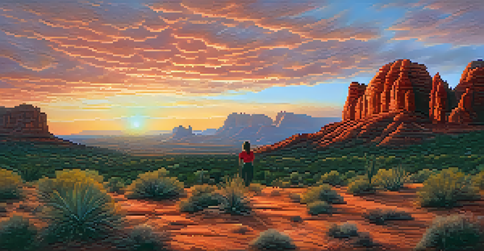 A stunning sunset landscape in Sedona with red rock formations and a silhouette of a photographer.