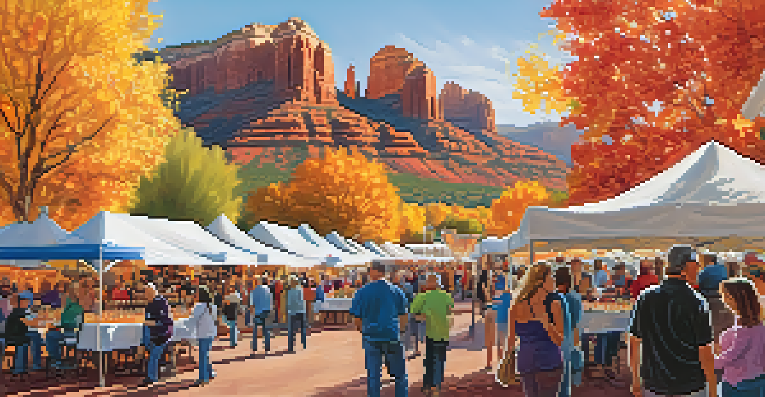 A lively outdoor wine festival in Sedona with people tasting wines, food vendors, and vibrant autumn colors in the background.