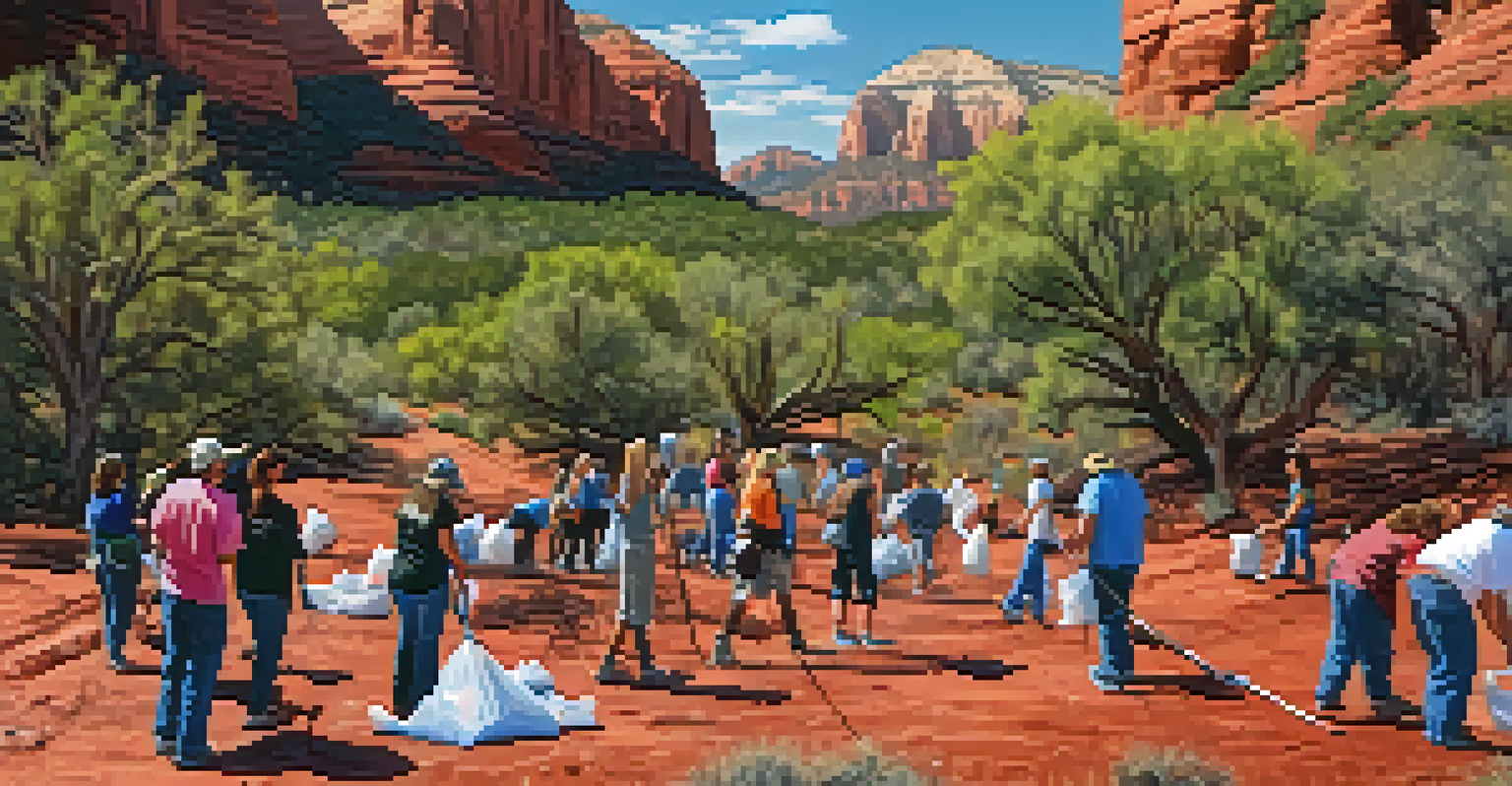 Volunteers participating in a clean-up event along a hiking trail in Sedona, surrounded by red rock formations and a clear sky.