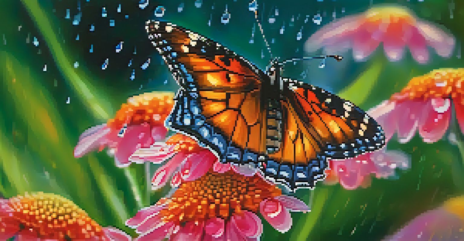 A close-up of a butterfly on a flower petal, with raindrops and blurred green foliage in the background.