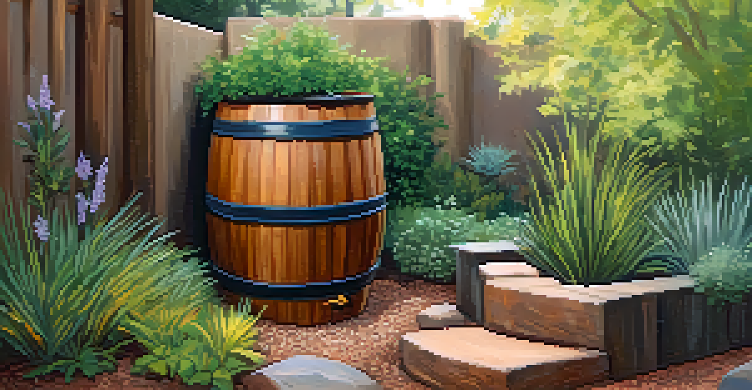 A rainwater harvesting system with a wooden barrel in a lush Sedona garden, surrounded by native plants.