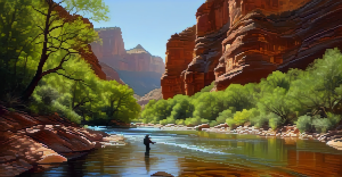 A serene landscape of Oak Creek with a fisherman casting a line, vibrant red rocks in the background, and sunlight filtering through the trees.