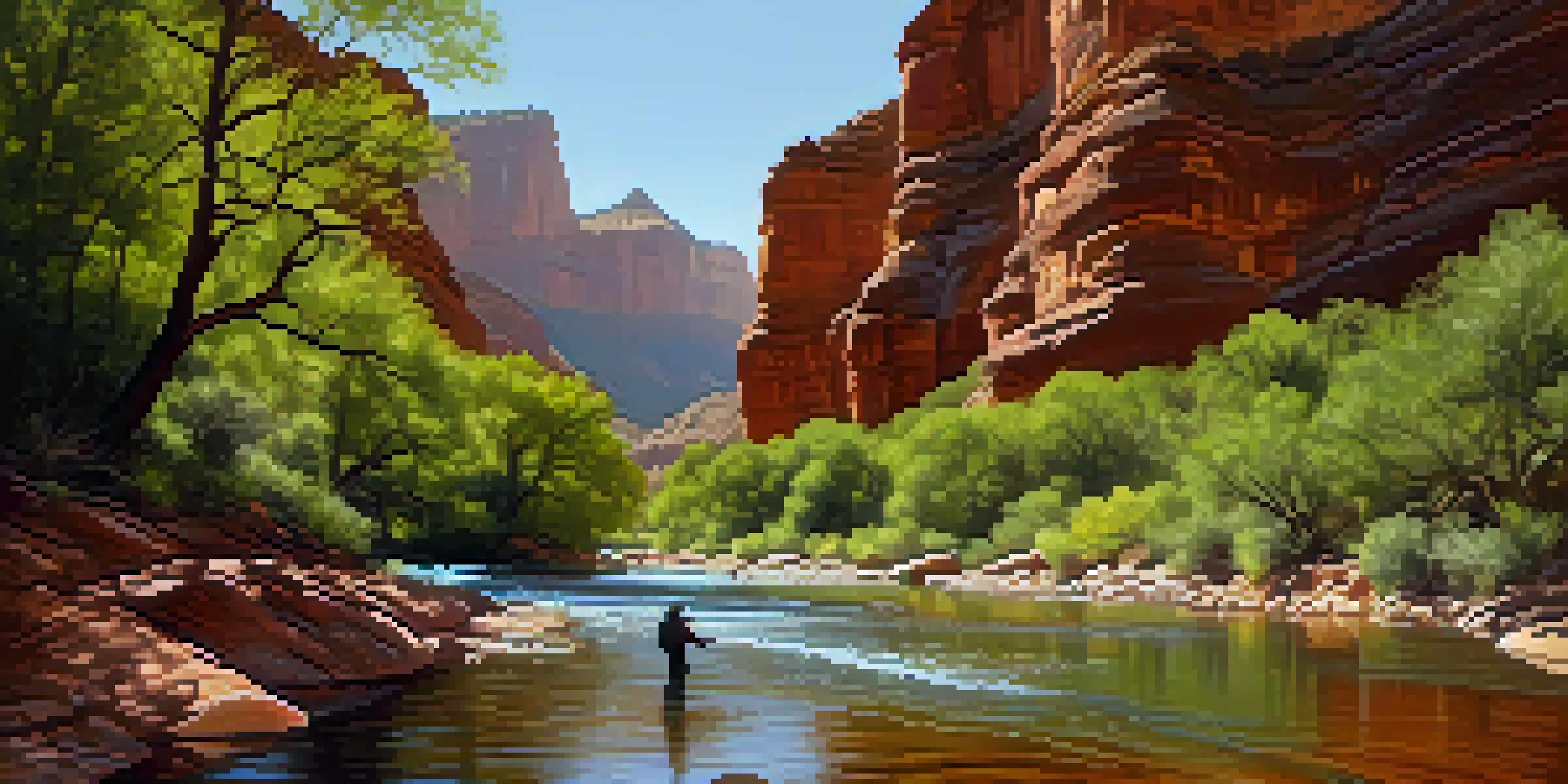 A serene landscape of Oak Creek with a fisherman casting a line, vibrant red rocks in the background, and sunlight filtering through the trees.
