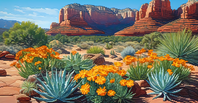 A colorful desert garden in Sedona featuring drought-resistant plants surrounded by red rock formations under a bright sky.