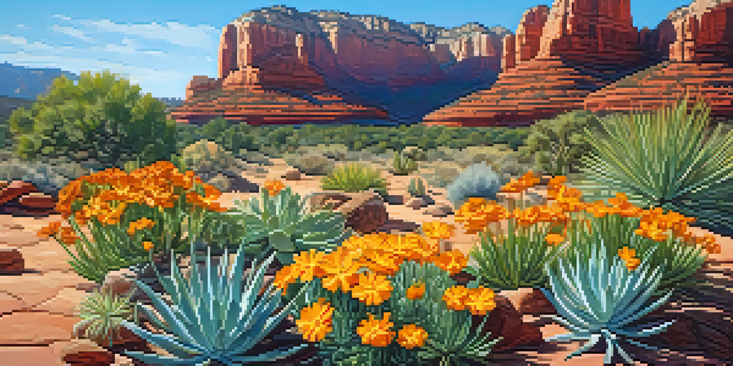 A colorful desert garden in Sedona featuring drought-resistant plants surrounded by red rock formations under a bright sky.