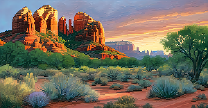 A stunning landscape of Cathedral Rock in Sedona during sunrise, showcasing vibrant colors in the sky and red rock formations.