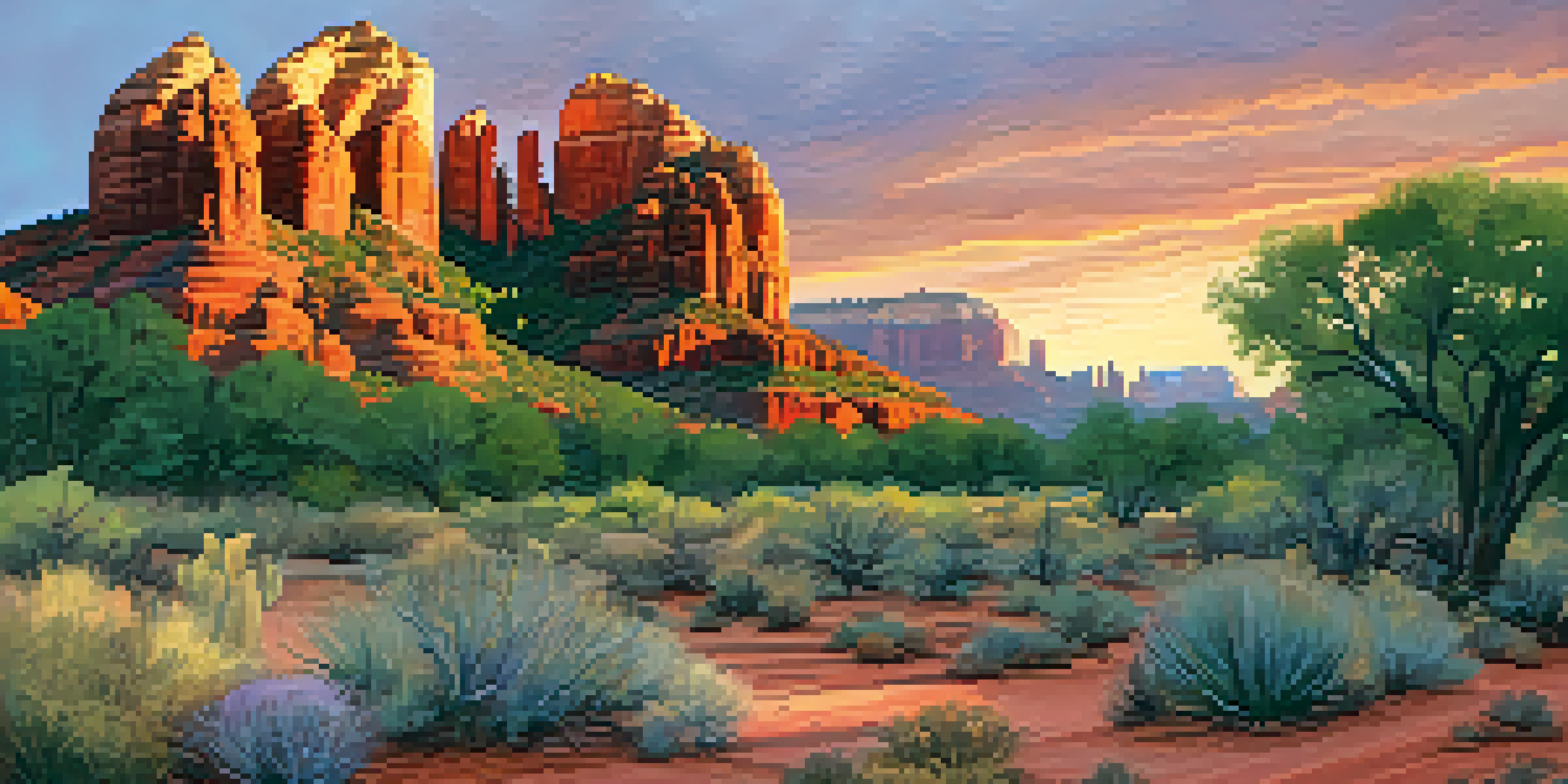 A stunning landscape of Cathedral Rock in Sedona during sunrise, showcasing vibrant colors in the sky and red rock formations.