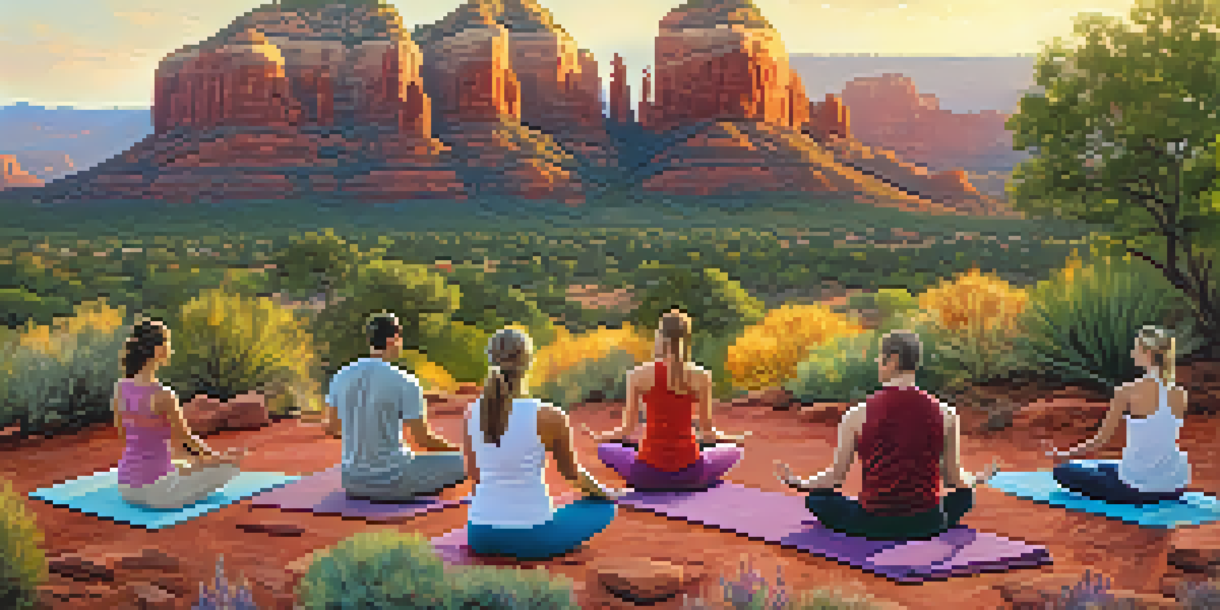 A group of diverse individuals practicing yoga on a red rock formation during sunrise, with golden light illuminating the landscape.